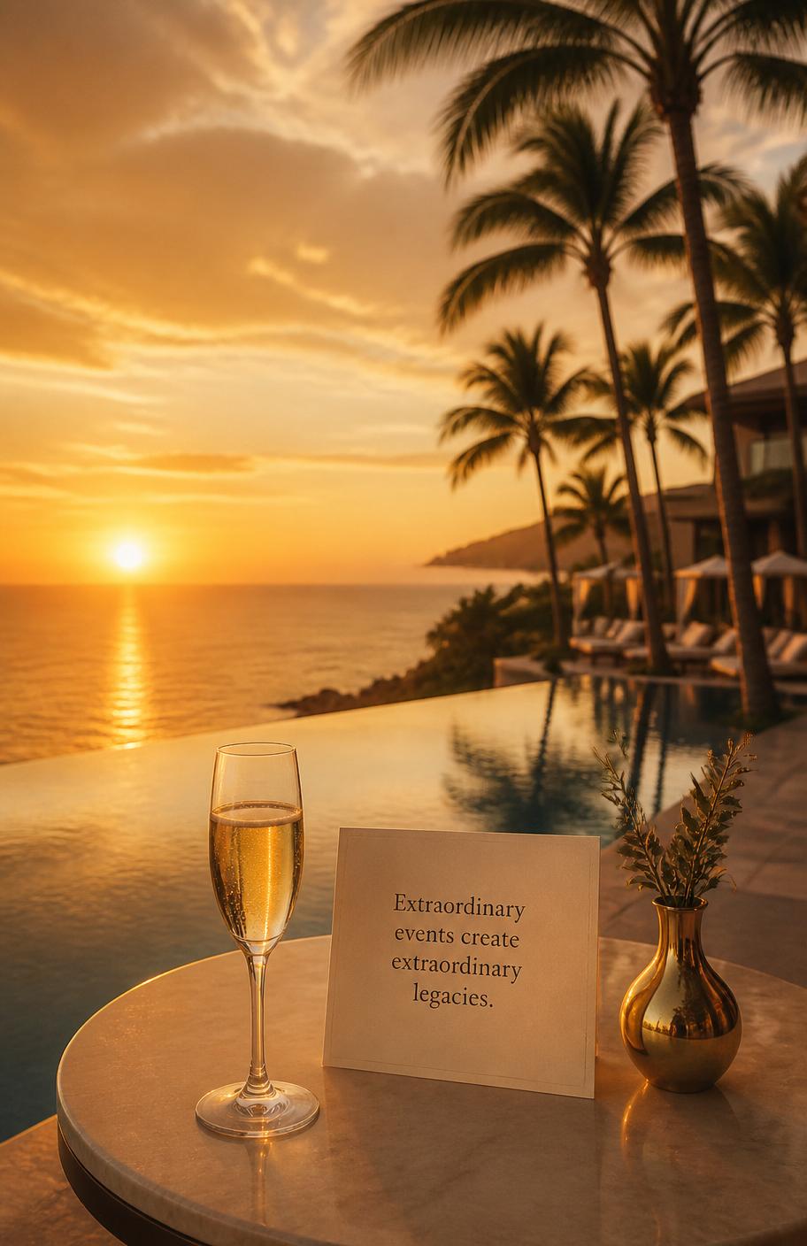 Luxury resort terrace with champagne flute and gold vase overlooking infinity pool at golden sunset
