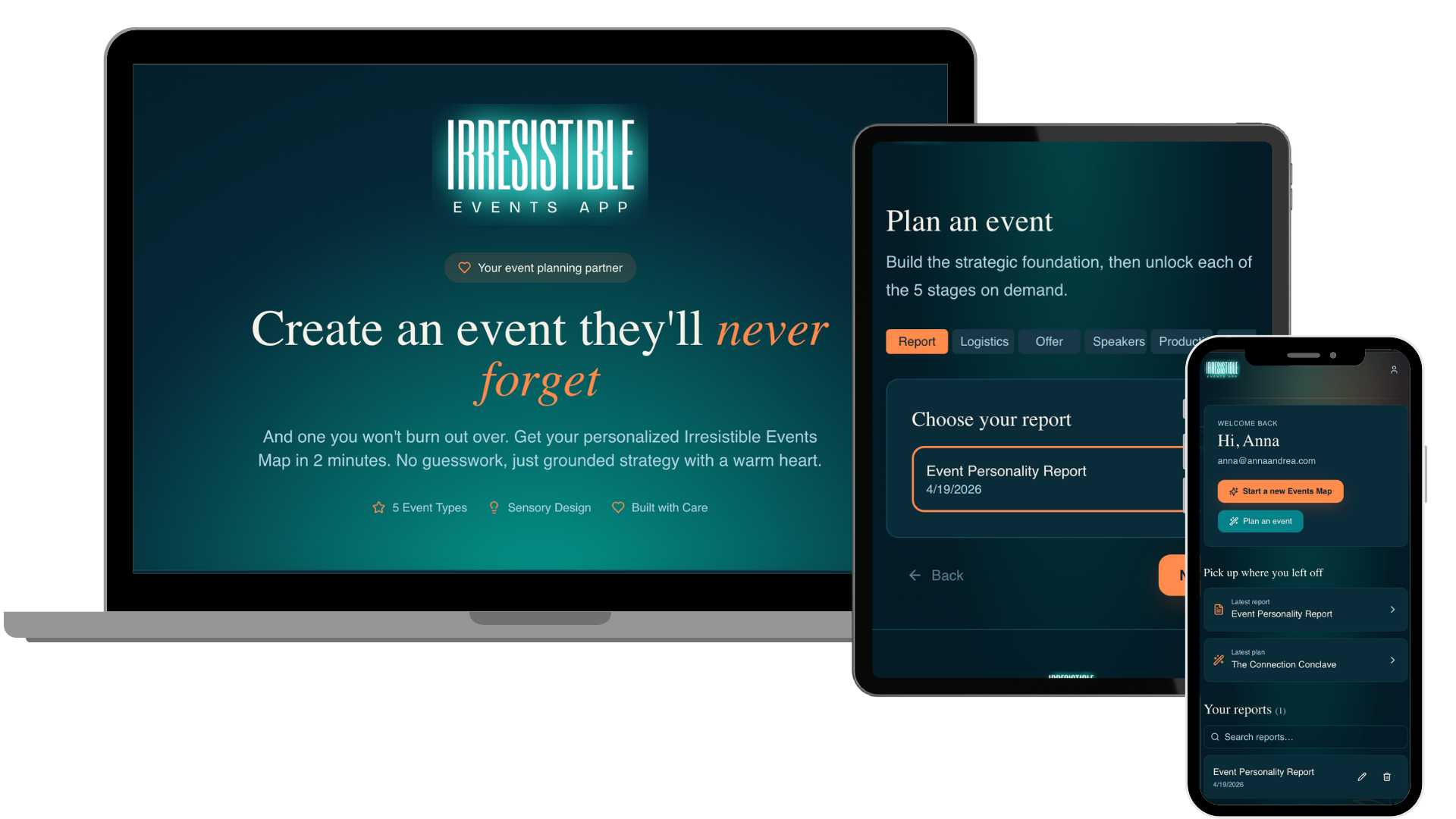 Irresistible Events App — laptop, tablet, and phone mockup
