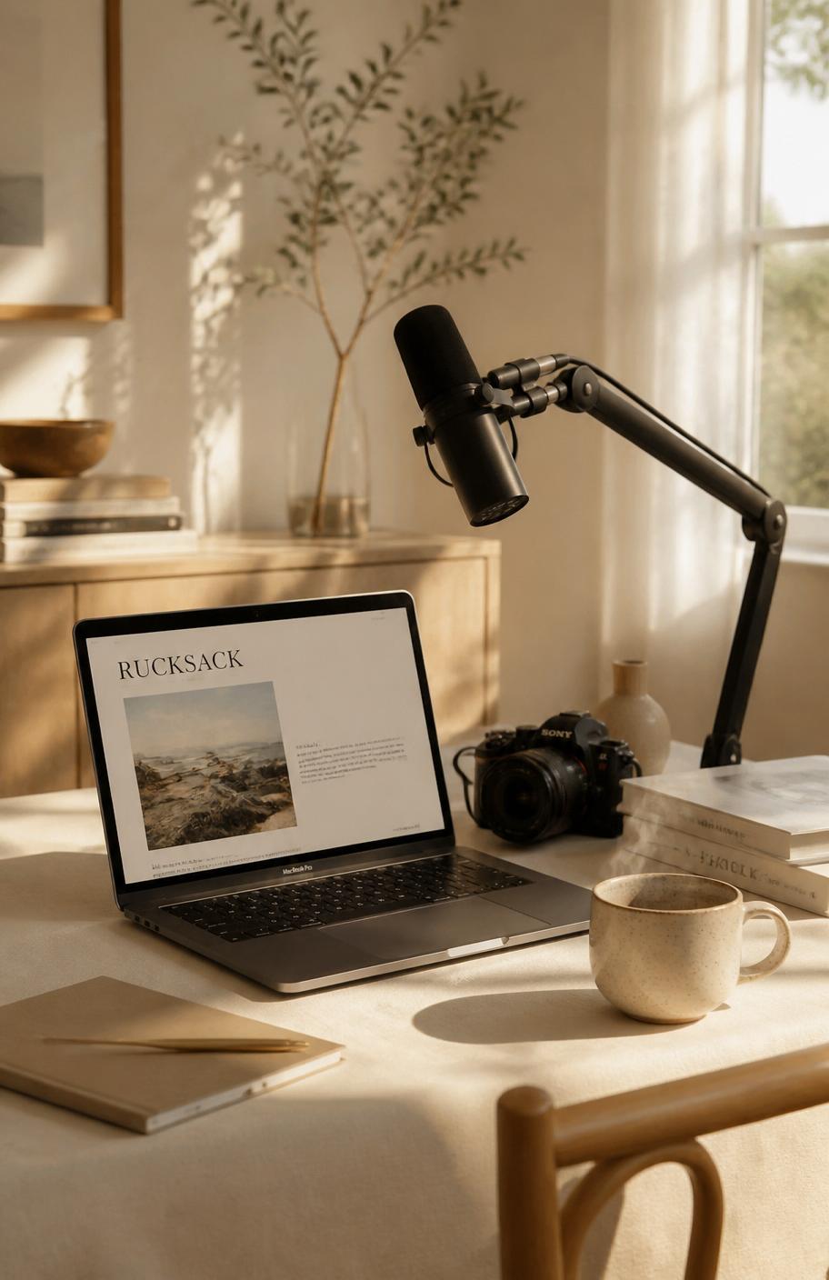 Editorial luxury workspace with MacBook, camera, studio microphone and coffee in warm sunlight