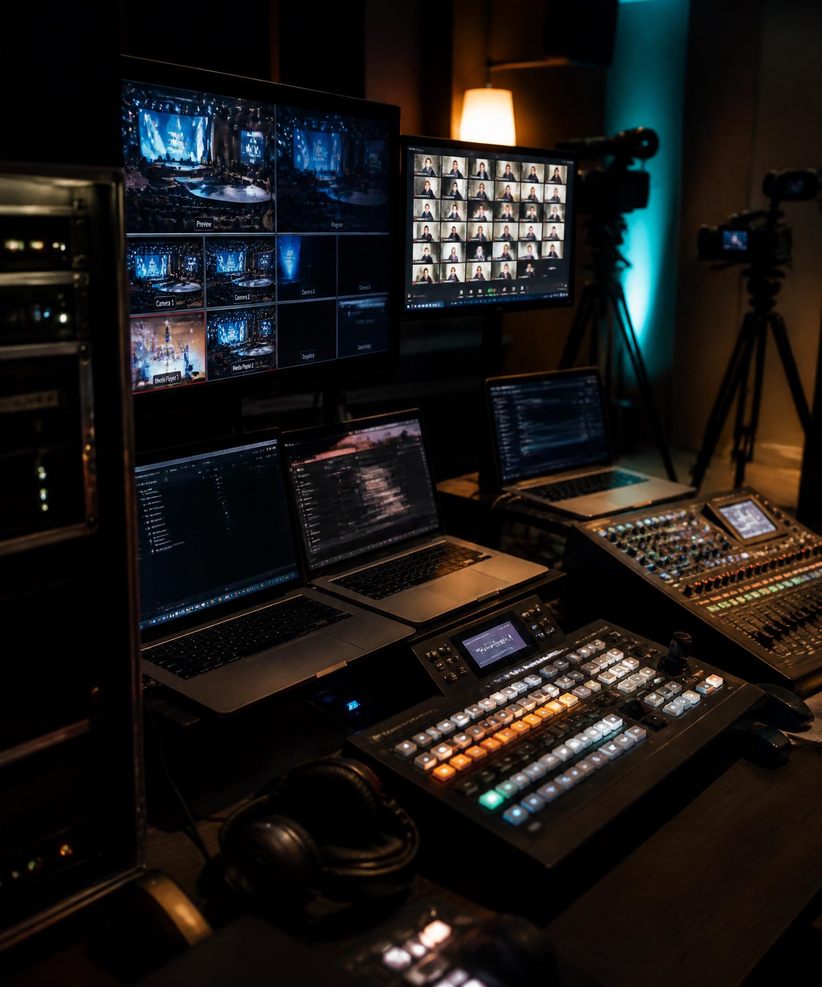 Cinematic live event production control room with multiple monitors, switcher, audio mixer and cameras