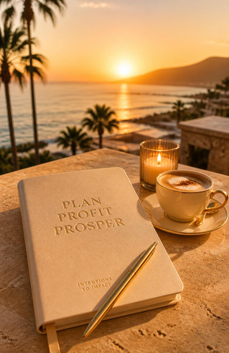 Cream leather planning notebook with gold pen and coffee on a stone terrace overlooking a golden hour ocean sunset